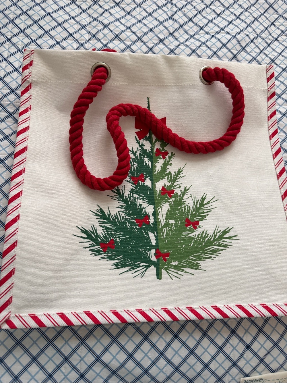Marshalls Cream Canvas Holiday Gift Bag with Green Tree and Red Accents